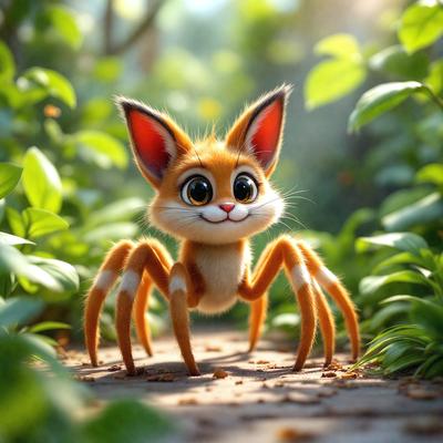 The primary subject of the image is a small, cute, and anthropomorphic spider with big eyes, a smile, and a pink nose. It is standing on a dirt path surrounded by green plants and grass. The visual style of the image is a digital art or illustration, giving it a whimsical and playful appearance. The colors and mood of the image are predominantly warm and inviting, with the spider's big eyes and smile conveying a sense of happiness and friendliness